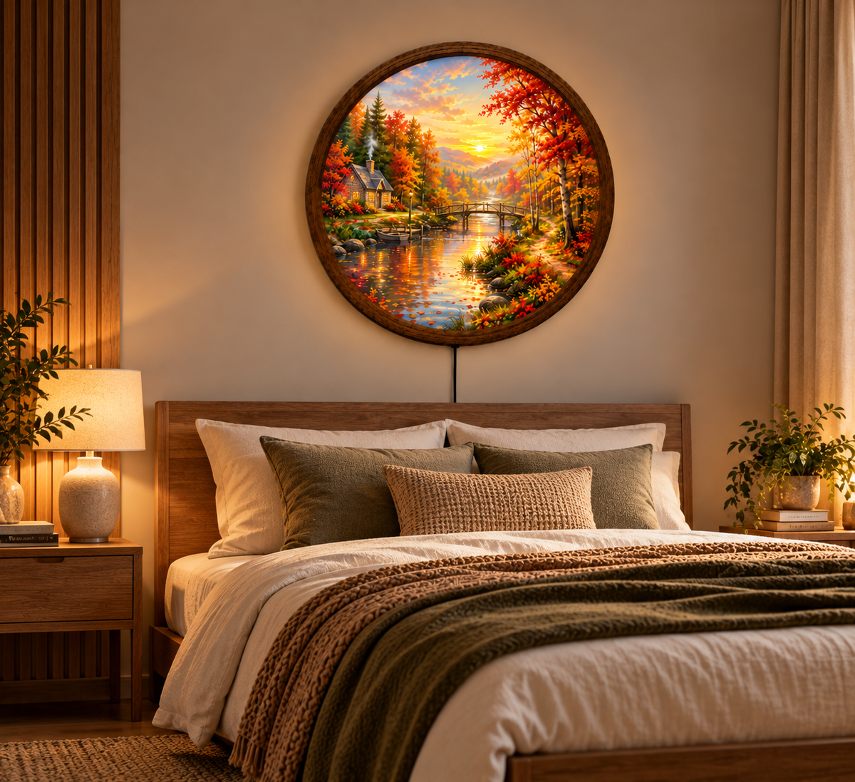 Autumn Cottage LED Wall Art, Fall Forest River Landscape Light, Round Illuminated Nature Decor, Cozy Cabin Wall Lamp, Fall Home Decor