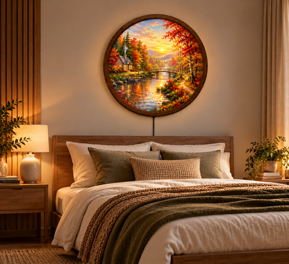 Autumn Cottage LED Wall Art, Fall Forest River Landscape Light, Round Illuminated Nature Decor, Cozy Cabin Wall Lamp, Fall Home Decor