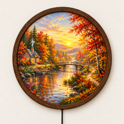 Autumn Cottage LED Wall Art, Fall Forest River Landscape Light, Round Illuminated Nature Decor, Cozy Cabin Wall Lamp, Fall Home Decor