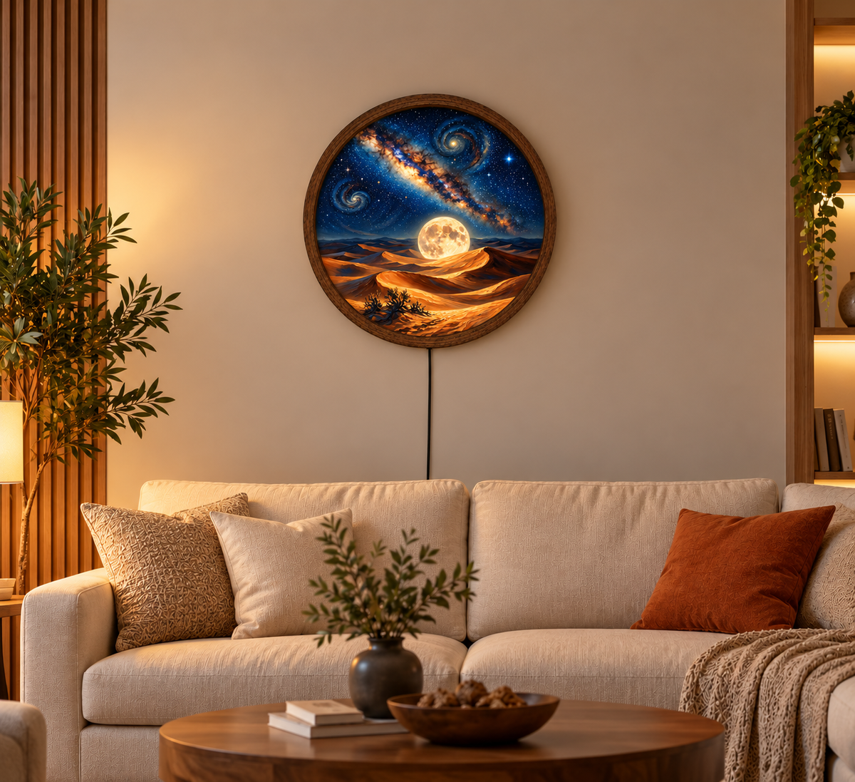 Galaxy Moon LED Wall Art, Round Cosmic Desert Wall Light, Starry Night Sky Decor, Celestial Bedroom Living Room Lamp