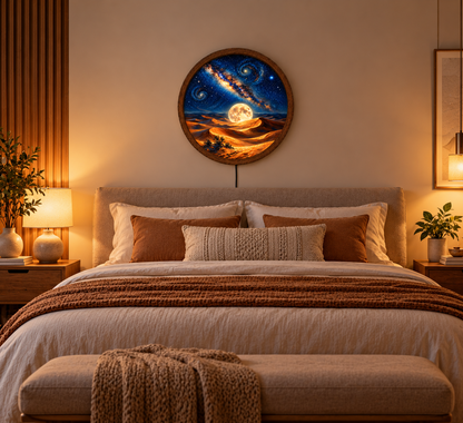 Galaxy Moon LED Wall Art, Round Cosmic Desert Wall Light, Starry Night Sky Decor, Celestial Bedroom Living Room Lamp