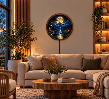 Moonlit Mountain LED Wall Art, Fantasy Forest Waterfall Light, Round Celestial Wall Decor, Magical Night Bedroom Lamp