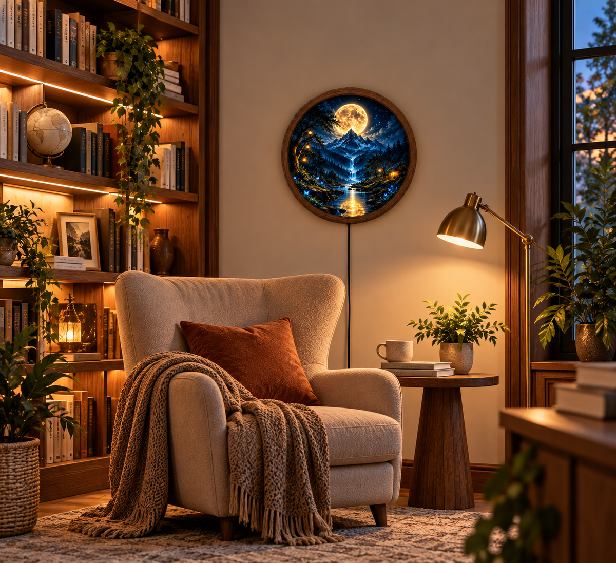 Moonlit Mountain LED Wall Art, Fantasy Forest Waterfall Light, Round Celestial Wall Decor, Magical Night Bedroom Lamp