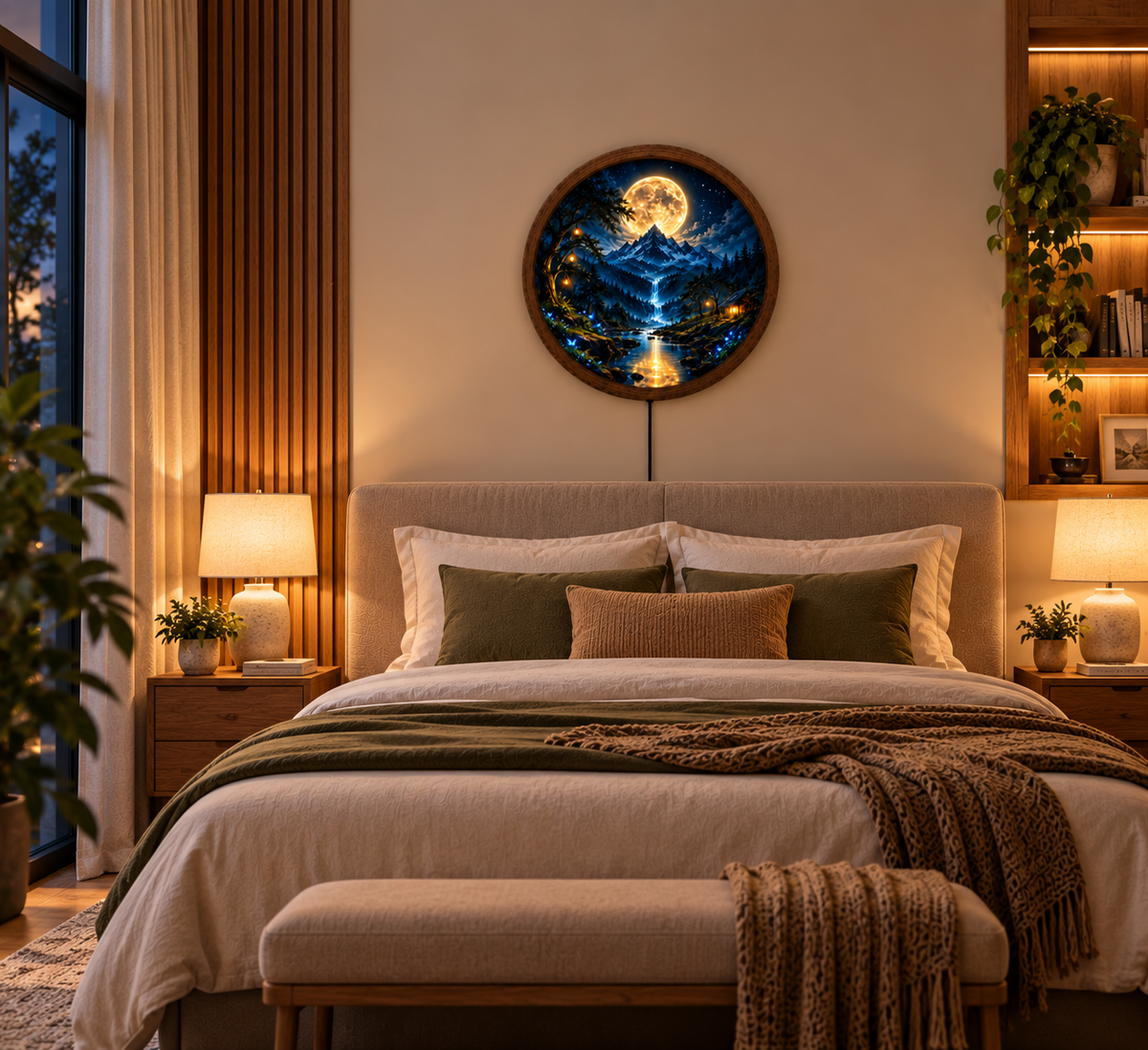 Moonlit Mountain LED Wall Art, Fantasy Forest Waterfall Light, Round Celestial Wall Decor, Magical Night Bedroom Lamp