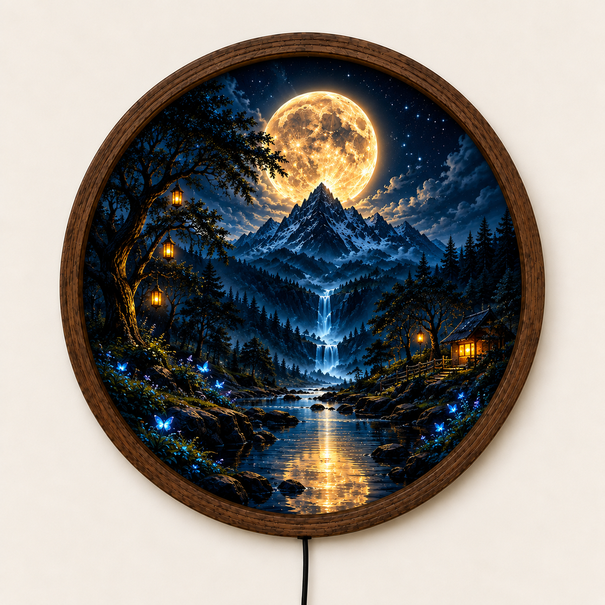 Moonlit Mountain LED Wall Art, Fantasy Forest Waterfall Light, Round Celestial Wall Decor, Magical Night Bedroom Lamp