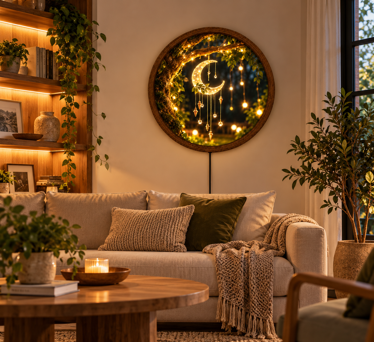Crescent Moon LED Wall Art, Glowing Moon Dreamcatcher Light, Enchanted Forest Decor, Round Boho Bedroom Wall Lamp