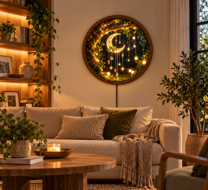 Crescent Moon LED Wall Art, Glowing Moon Dreamcatcher Light, Enchanted Forest Decor, Round Boho Bedroom Wall Lamp