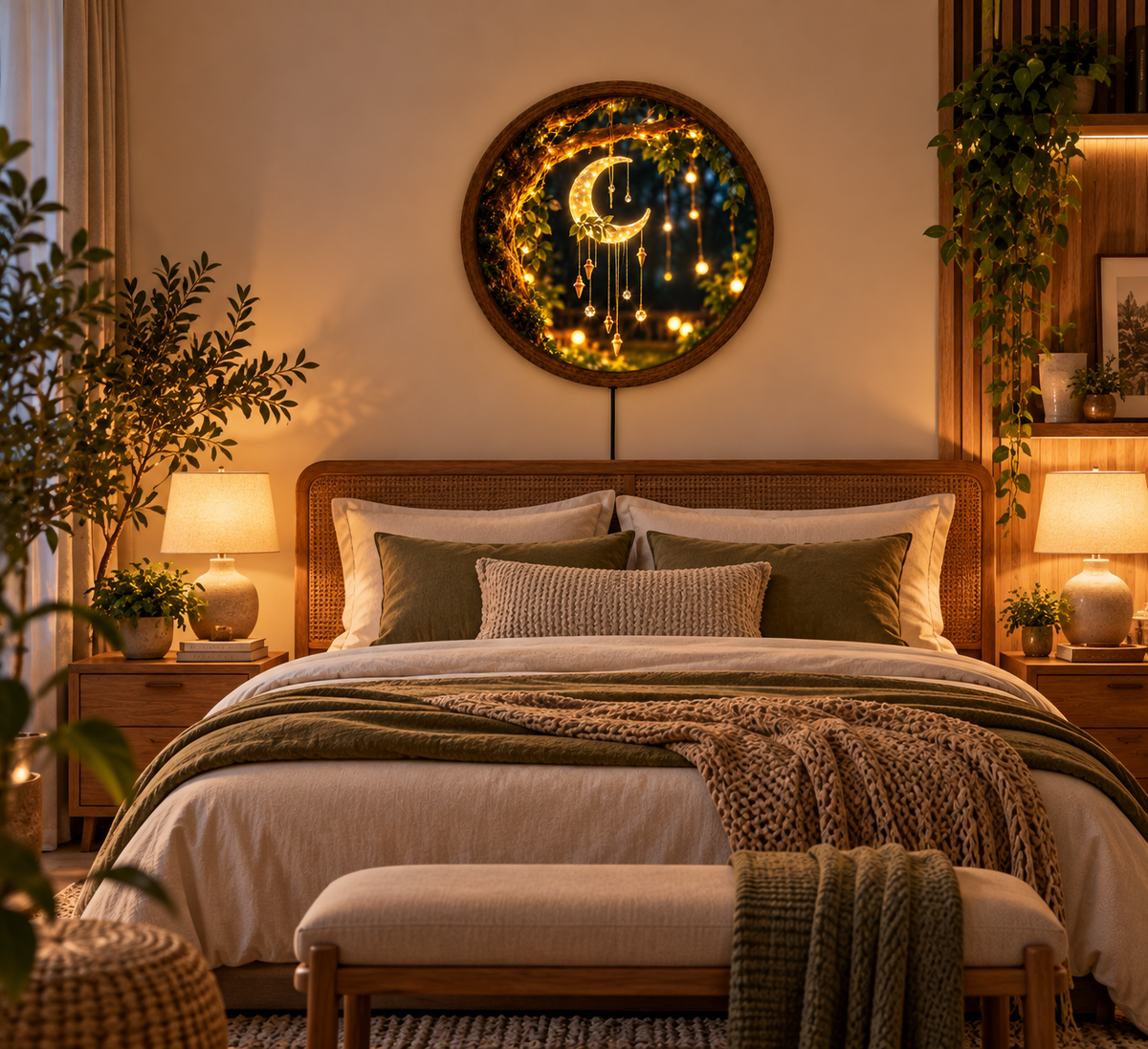 Crescent Moon LED Wall Art, Glowing Moon Dreamcatcher Light, Enchanted Forest Decor, Round Boho Bedroom Wall Lamp