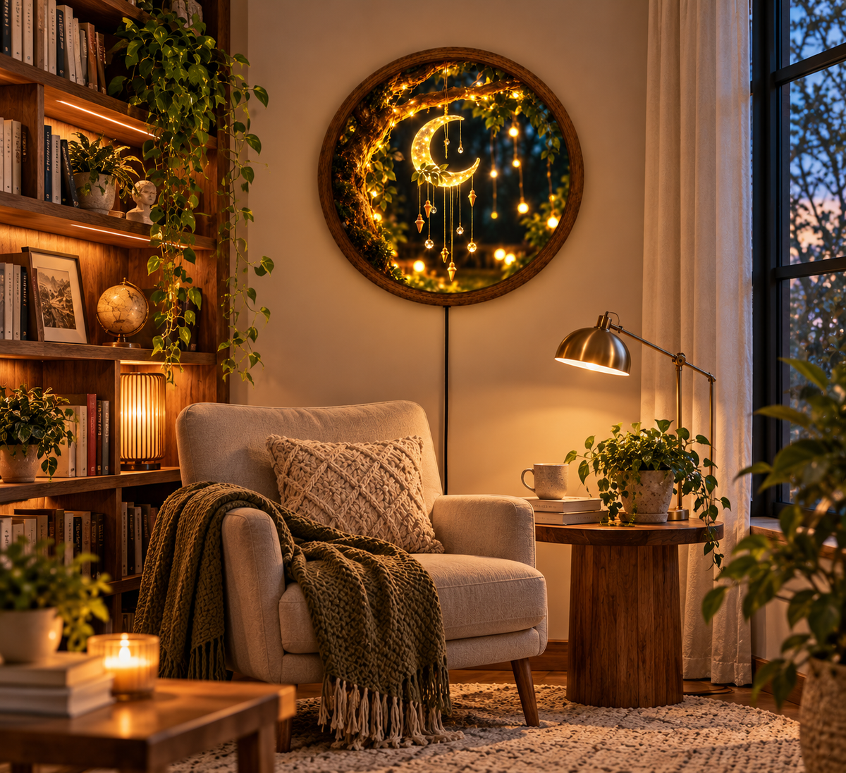 Crescent Moon LED Wall Art, Glowing Moon Dreamcatcher Light, Enchanted Forest Decor, Round Boho Bedroom Wall Lamp