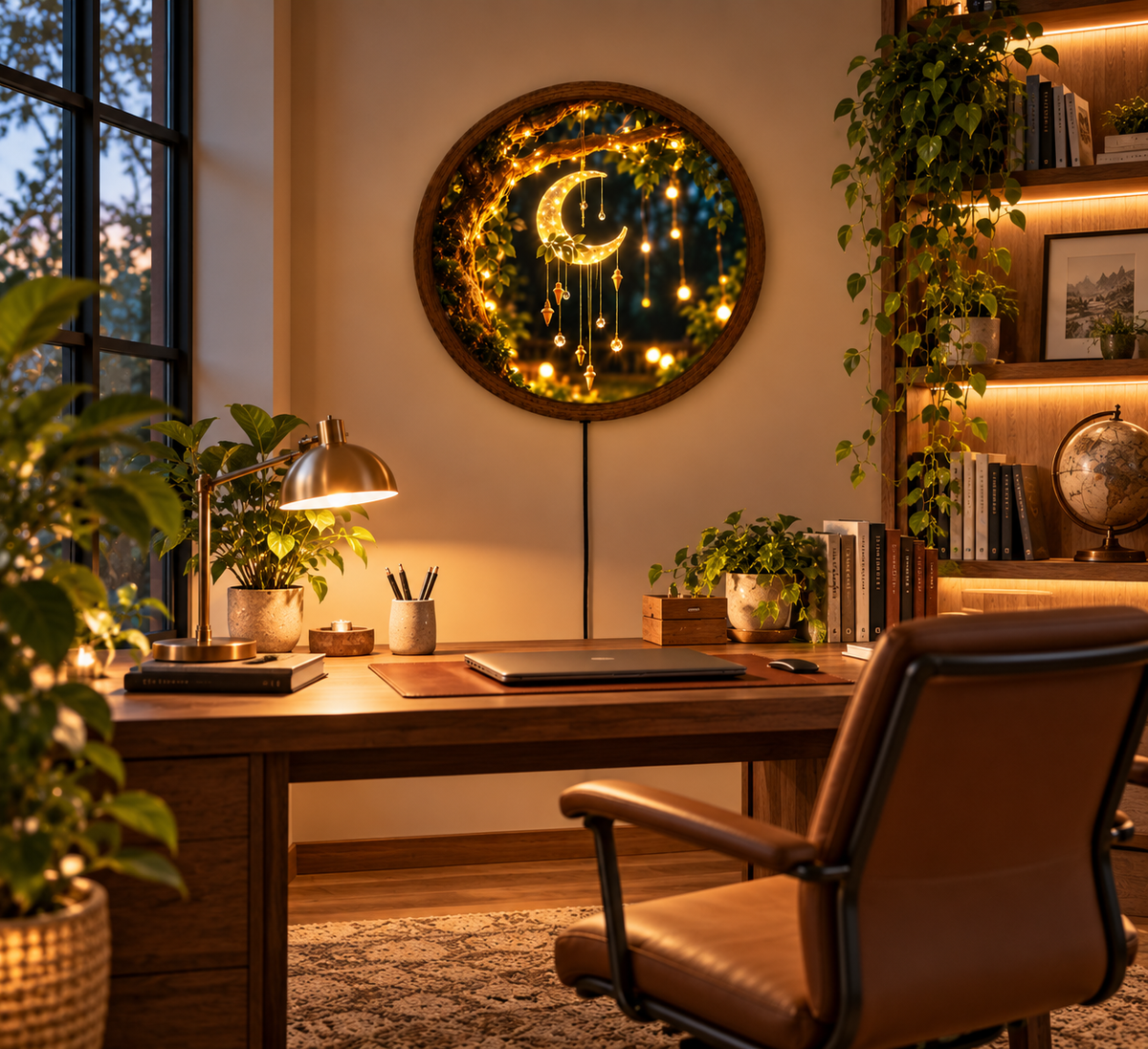Crescent Moon LED Wall Art, Glowing Moon Dreamcatcher Light, Enchanted Forest Decor, Round Boho Bedroom Wall Lamp