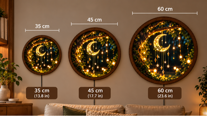 Crescent Moon LED Wall Art, Glowing Moon Dreamcatcher Light, Enchanted Forest Decor, Round Boho Bedroom Wall Lamp