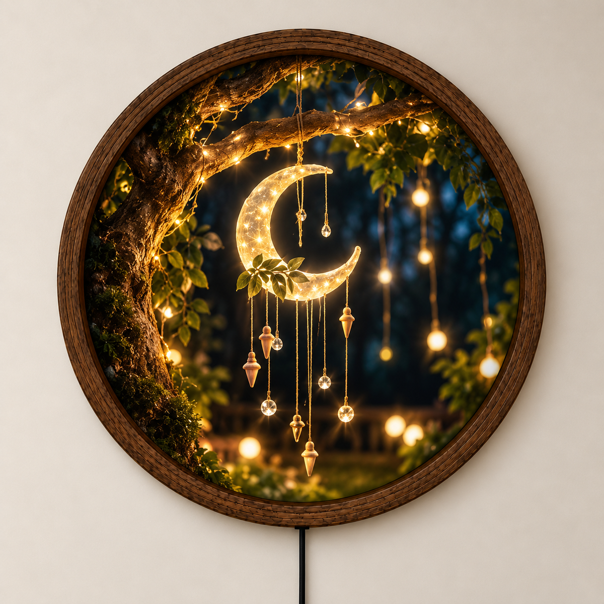 Crescent Moon LED Wall Art, Glowing Moon Dreamcatcher Light, Enchanted Forest Decor, Round Boho Bedroom Wall Lamp