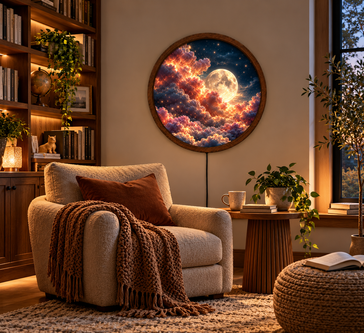 Glowing Full Moon LED Wall Art, Round Lighted Wall Decor, Dreamy Moon and Clouds Night Sky, Celestial Bedroom Living Room Decor