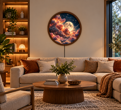 Glowing Full Moon LED Wall Art, Round Lighted Wall Decor, Dreamy Moon and Clouds Night Sky, Celestial Bedroom Living Room Decor