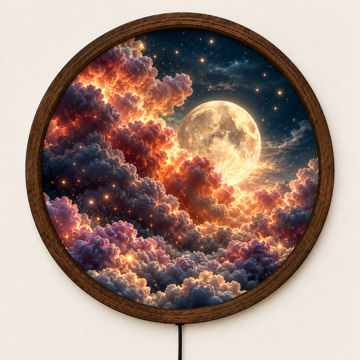 Glowing Full Moon LED Wall Art, Round Lighted Wall Decor, Dreamy Moon and Clouds Night Sky, Celestial Bedroom Living Room Decor