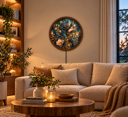 Elegant Floral LED Wall Art, Glowing Blue and Gold Flower Wall Light, Round Illuminated Botanical Decor, Luxury Bedroom Living Room Art