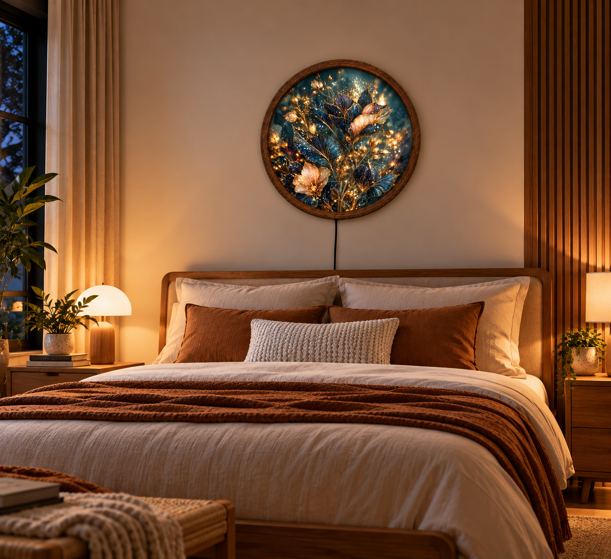 Elegant Floral LED Wall Art, Glowing Blue and Gold Flower Wall Light, Round Illuminated Botanical Decor, Luxury Bedroom Living Room Art