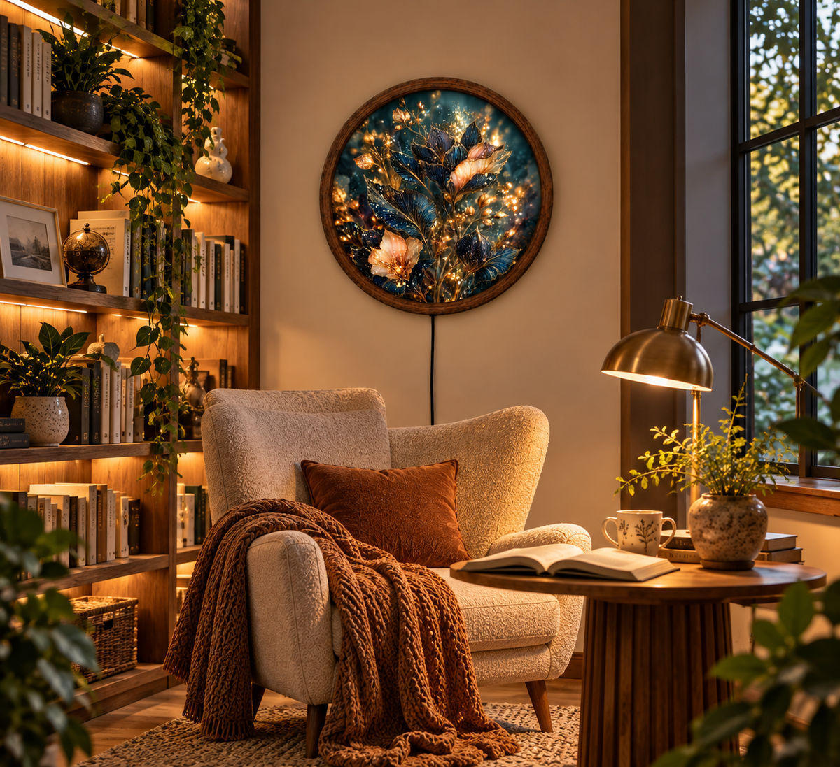 Elegant Floral LED Wall Art, Glowing Blue and Gold Flower Wall Light, Round Illuminated Botanical Decor, Luxury Bedroom Living Room Art