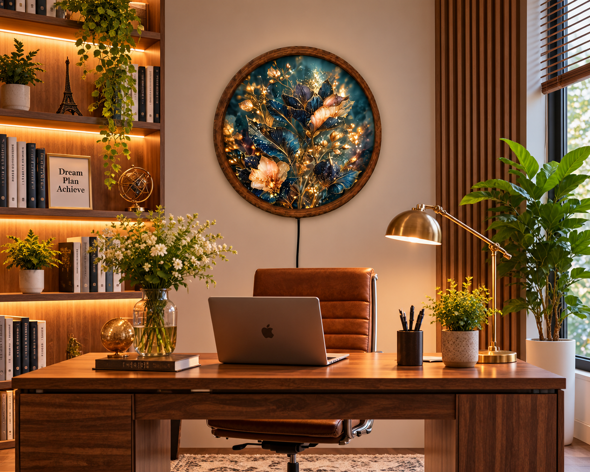 Elegant Floral LED Wall Art, Glowing Blue and Gold Flower Wall Light, Round Illuminated Botanical Decor, Luxury Bedroom Living Room Art