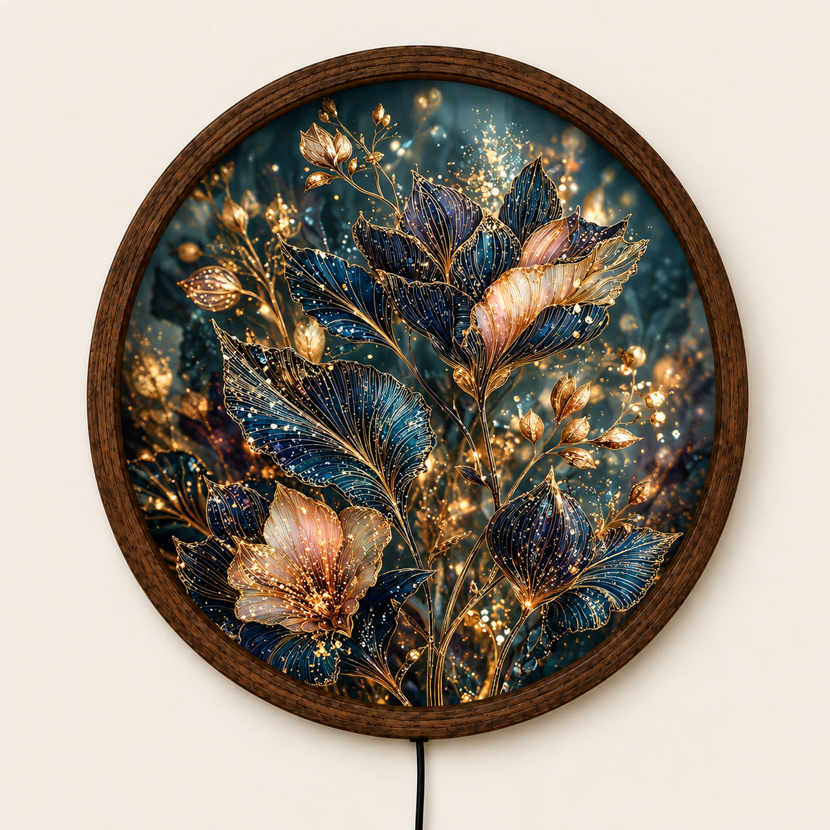Elegant Floral LED Wall Art, Glowing Blue and Gold Flower Wall Light, Round Illuminated Botanical Decor, Luxury Bedroom Living Room Art