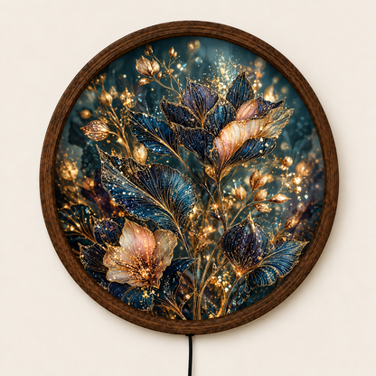 Elegant Floral LED Wall Art, Glowing Blue and Gold Flower Wall Light, Round Illuminated Botanical Decor, Luxury Bedroom Living Room Art