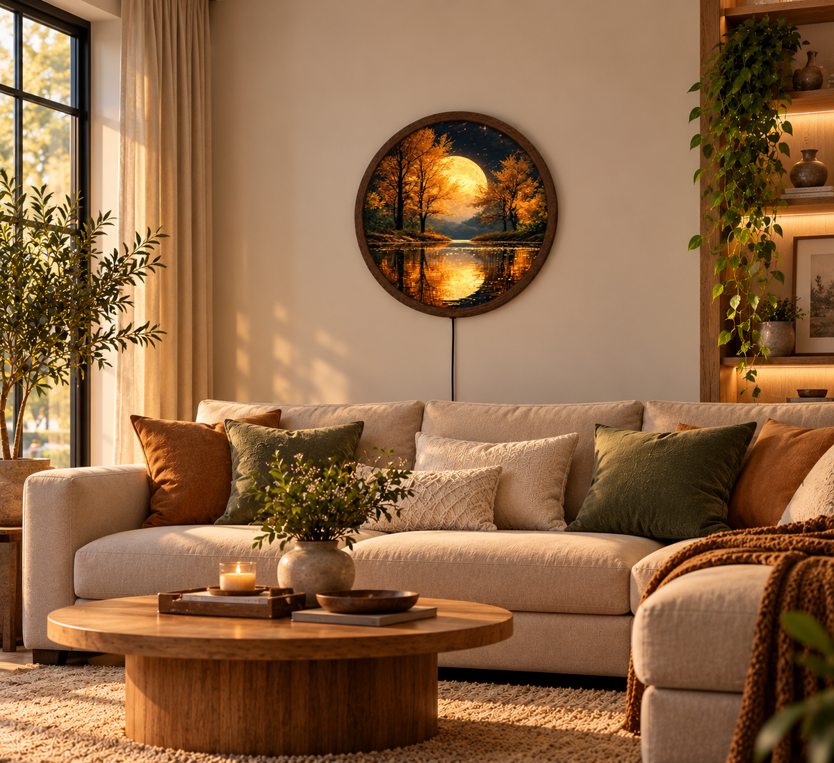 Autumn Moon LED Wall Art, Golden Forest Lake Wall Light, Round Illuminated Landscape Decor, Full Moon Night Wall Lamp, Rustic Cabin Gift