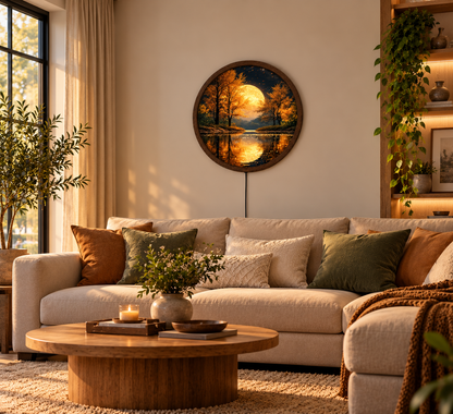 Autumn Moon LED Wall Art, Golden Forest Lake Wall Light, Round Illuminated Landscape Decor, Full Moon Night Wall Lamp, Rustic Cabin Gift