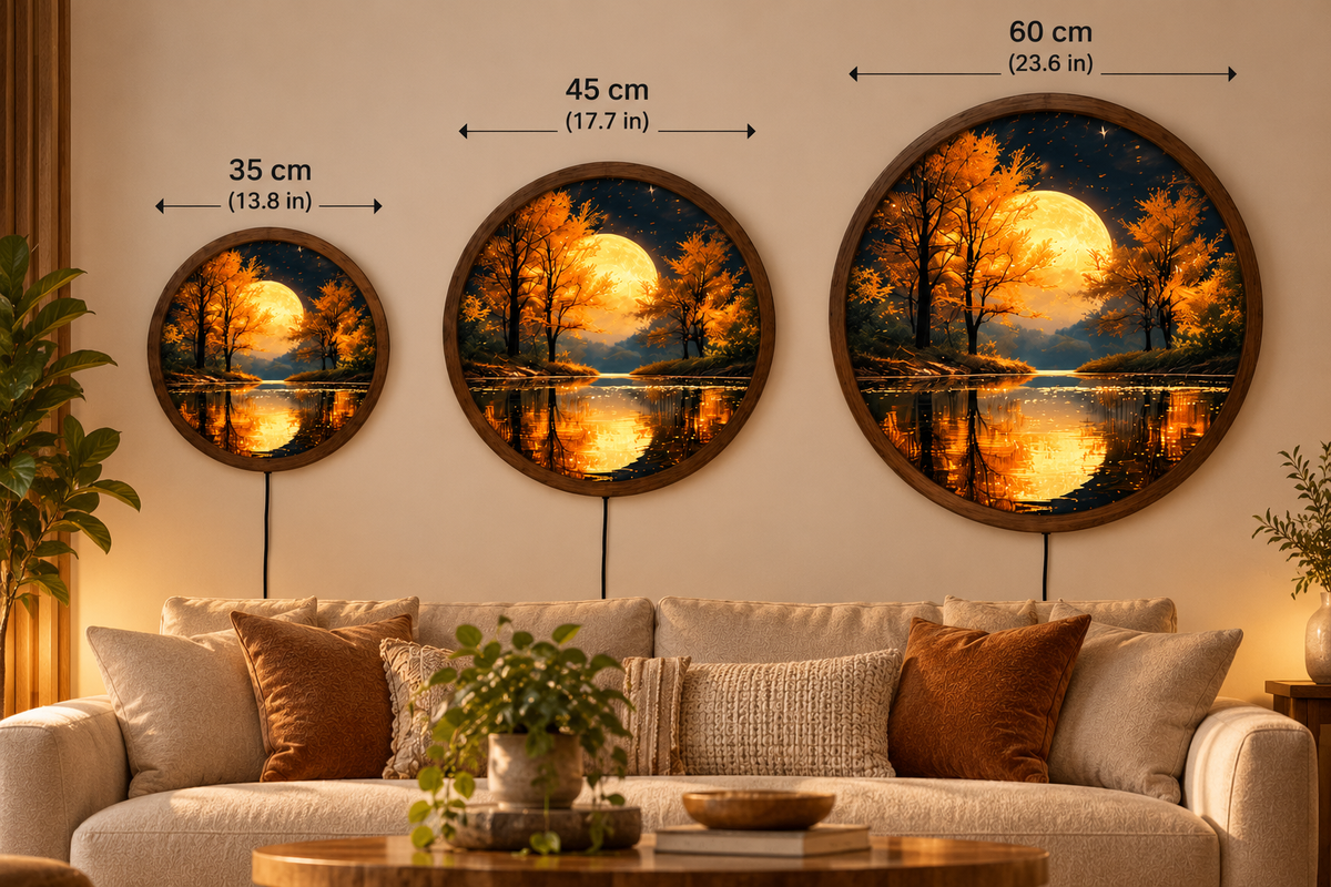 Autumn Moon LED Wall Art, Golden Forest Lake Wall Light, Round Illuminated Landscape Decor, Full Moon Night Wall Lamp, Rustic Cabin Gift