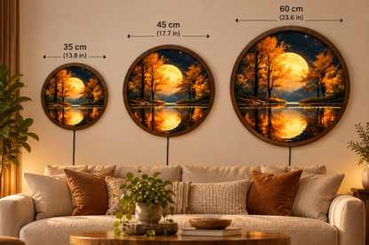 Autumn Moon LED Wall Art, Golden Forest Lake Wall Light, Round Illuminated Landscape Decor, Full Moon Night Wall Lamp, Rustic Cabin Gift