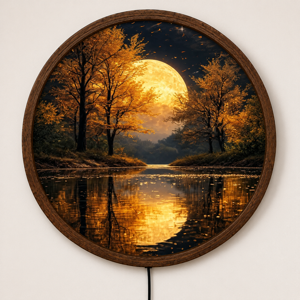 Autumn Moon LED Wall Art, Golden Forest Lake Wall Light, Round Illuminated Landscape Decor, Full Moon Night Wall Lamp, Rustic Cabin Gift