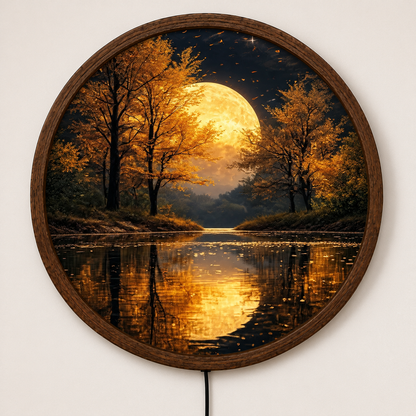 Autumn Moon LED Wall Art, Golden Forest Lake Wall Light, Round Illuminated Landscape Decor, Full Moon Night Wall Lamp, Rustic Cabin Gift