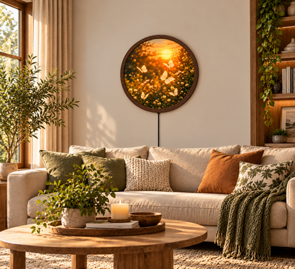 Butterfly Sunset LED Wall Art, Glowing Floral Butterfly Wall Light, Round Illuminated Nature Decor, Wildflower Bedroom Wall Lamp