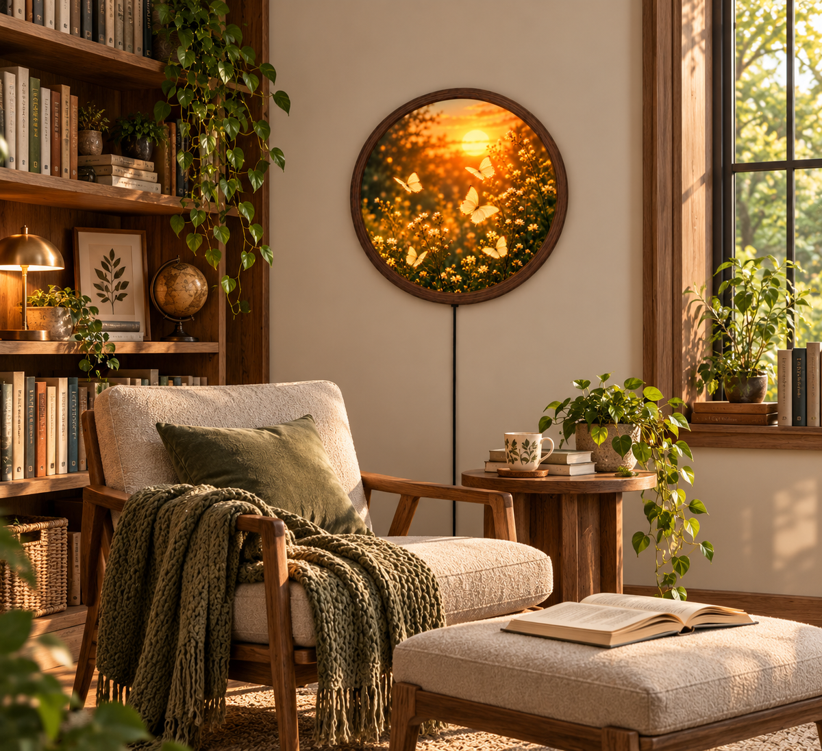 Butterfly Sunset LED Wall Art, Glowing Floral Butterfly Wall Light, Round Illuminated Nature Decor, Wildflower Bedroom Wall Lamp