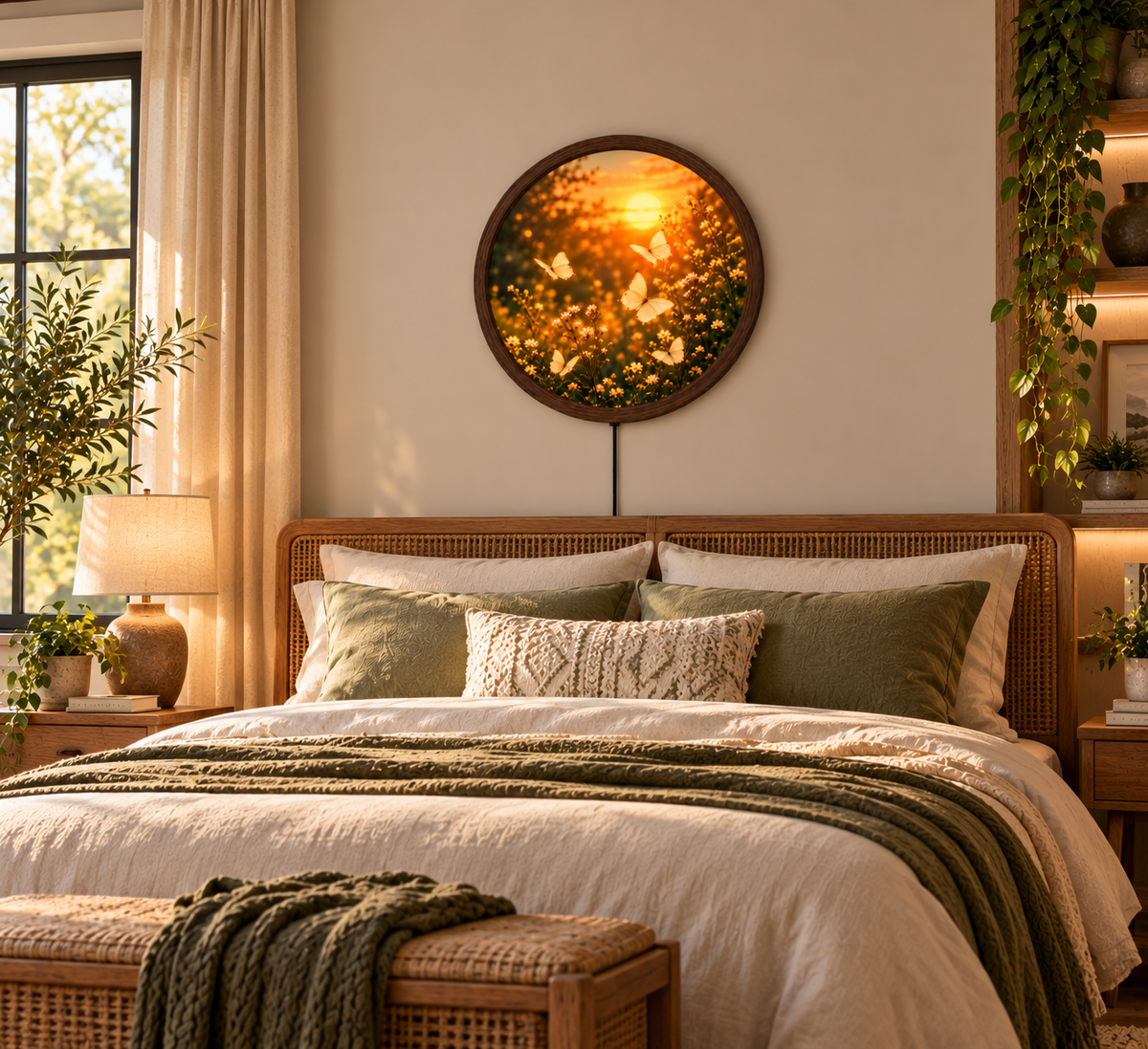 Butterfly Sunset LED Wall Art, Glowing Floral Butterfly Wall Light, Round Illuminated Nature Decor, Wildflower Bedroom Wall Lamp
