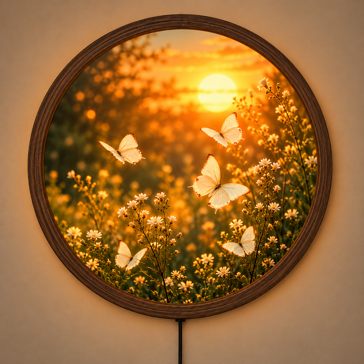 Butterfly Sunset LED Wall Art, Glowing Floral Butterfly Wall Light, Round Illuminated Nature Decor, Wildflower Bedroom Wall Lamp