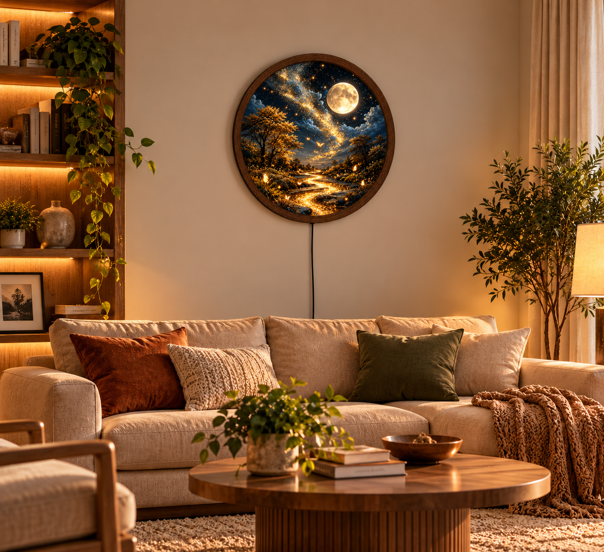 Magical Moonlit Forest LED Wall Art, Glowing River and Butterfly Wall Light, Round Fantasy Landscape Decor, Starry Night Wall Lamp
