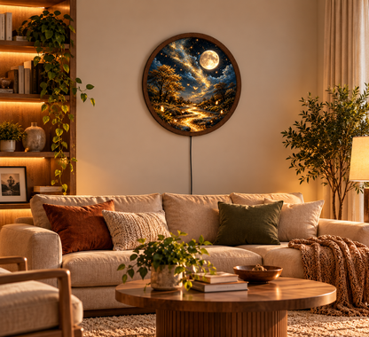 Magical Moonlit Forest LED Wall Art, Glowing River and Butterfly Wall Light, Round Fantasy Landscape Decor, Starry Night Wall Lamp