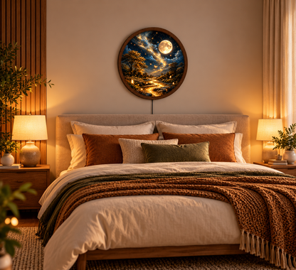 Magical Moonlit Forest LED Wall Art, Glowing River and Butterfly Wall Light, Round Fantasy Landscape Decor, Starry Night Wall Lamp