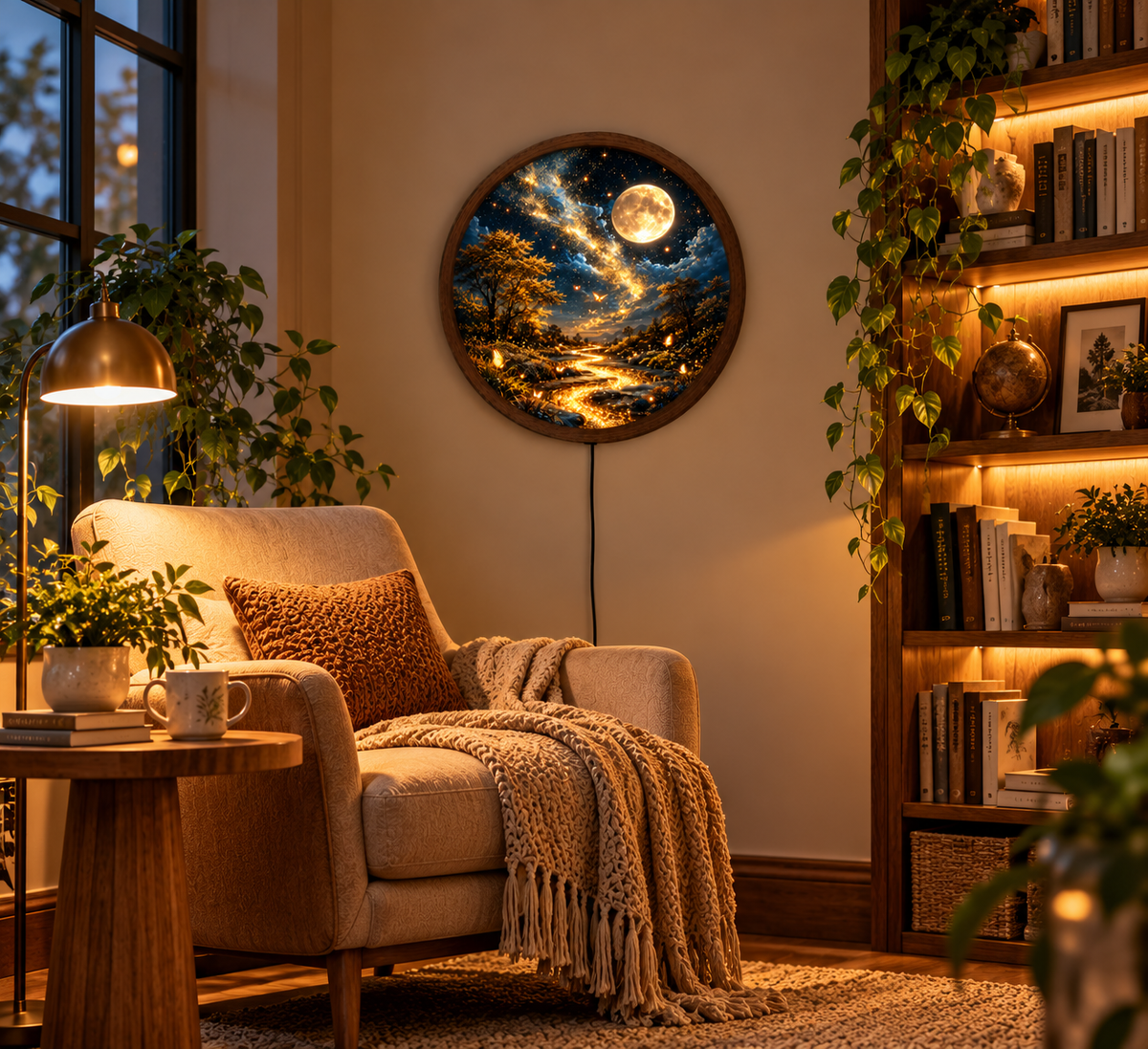 Magical Moonlit Forest LED Wall Art, Glowing River and Butterfly Wall Light, Round Fantasy Landscape Decor, Starry Night Wall Lamp