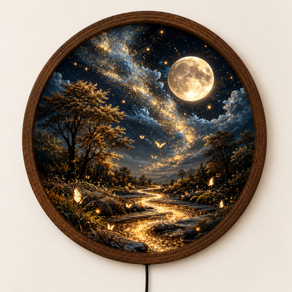 Magical Moonlit Forest LED Wall Art, Glowing River and Butterfly Wall Light, Round Fantasy Landscape Decor, Starry Night Wall Lamp