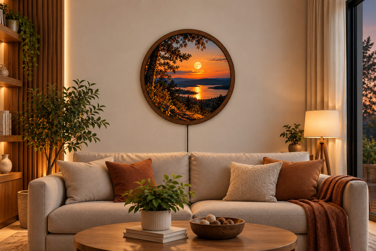 Sunset Lake LED Wall Art, Round Illuminated Mountain Landscape, Full Moon Forest Wall Light, Rustic Nature Decor, Bedroom Living Room Gift