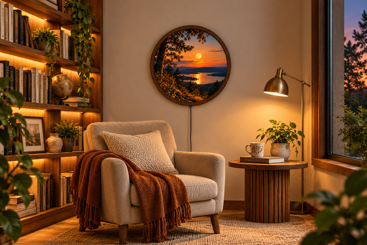 Sunset Lake LED Wall Art, Round Illuminated Mountain Landscape, Full Moon Forest Wall Light, Rustic Nature Decor, Bedroom Living Room Gift