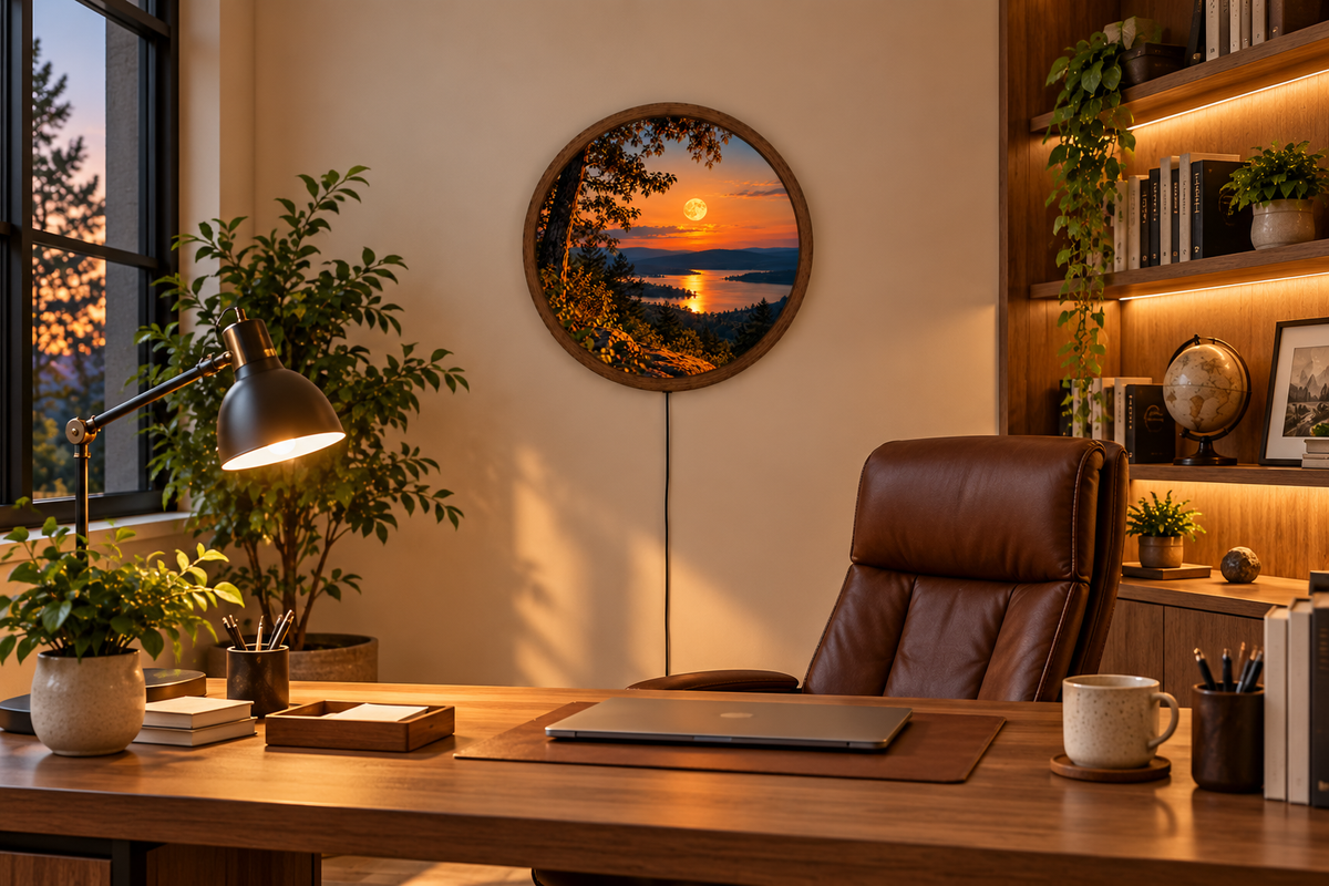 Sunset Lake LED Wall Art, Round Illuminated Mountain Landscape, Full Moon Forest Wall Light, Rustic Nature Decor, Bedroom Living Room Gift