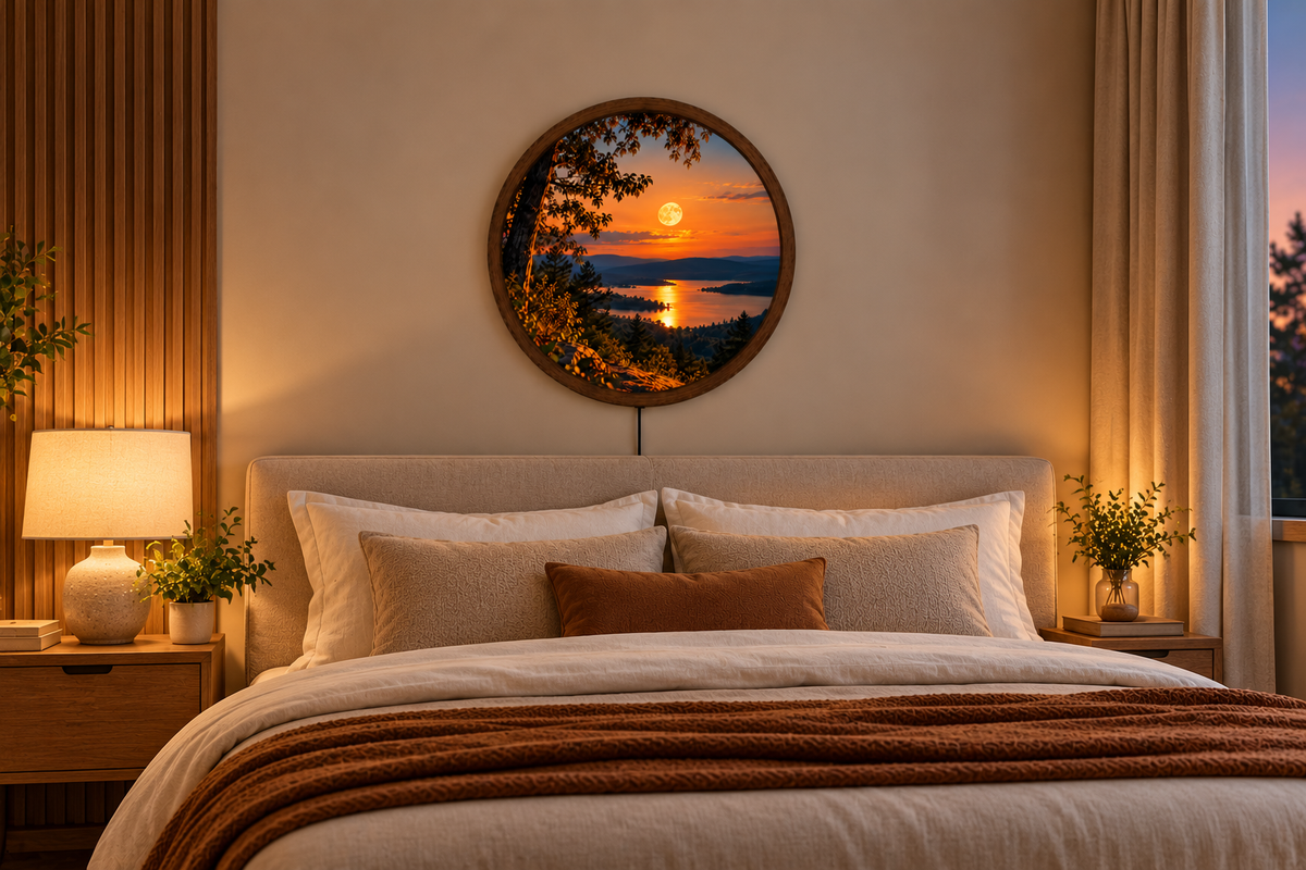 Sunset Lake LED Wall Art, Round Illuminated Mountain Landscape, Full Moon Forest Wall Light, Rustic Nature Decor, Bedroom Living Room Gift