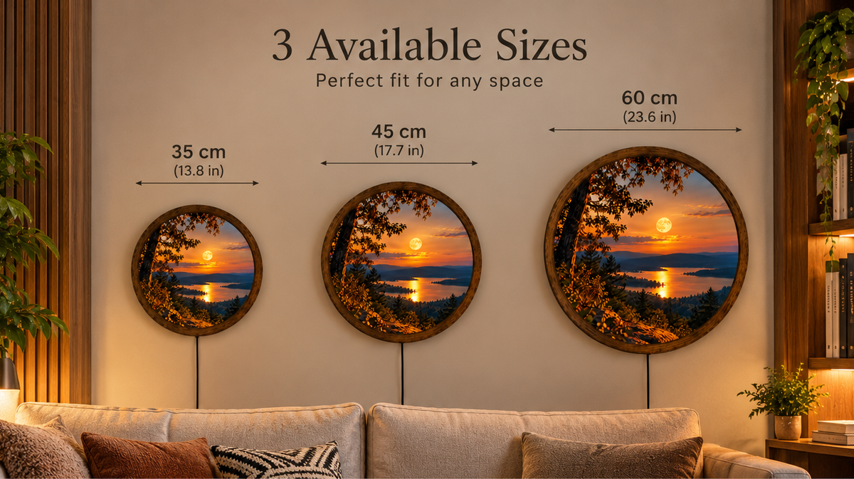 Sunset Lake LED Wall Art, Round Illuminated Mountain Landscape, Full Moon Forest Wall Light, Rustic Nature Decor, Bedroom Living Room Gift