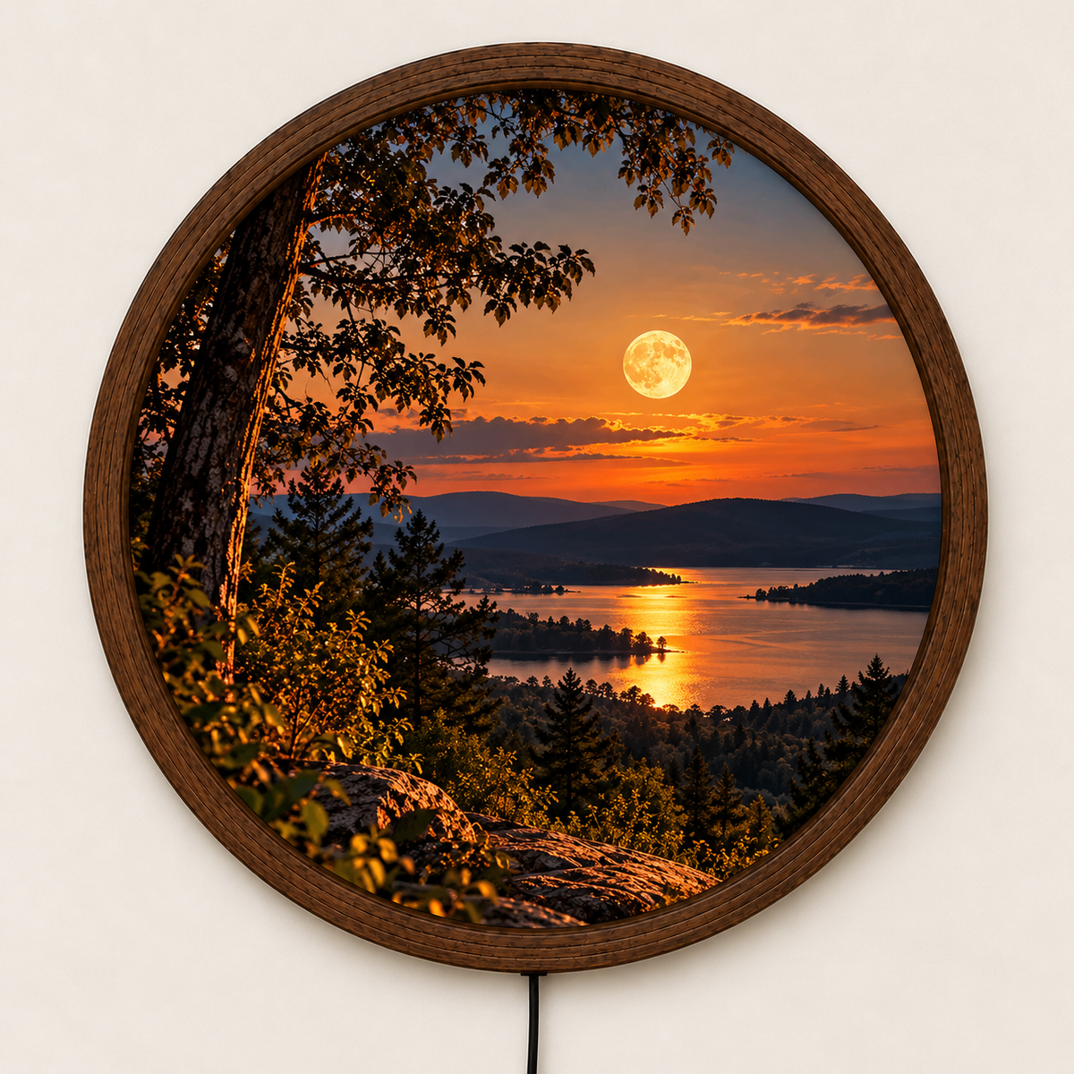 Sunset Lake LED Wall Art, Round Illuminated Mountain Landscape, Full Moon Forest Wall Light, Rustic Nature Decor, Bedroom Living Room Gift