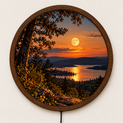 Sunset Lake LED Wall Art, Round Illuminated Mountain Landscape, Full Moon Forest Wall Light, Rustic Nature Decor, Bedroom Living Room Gift