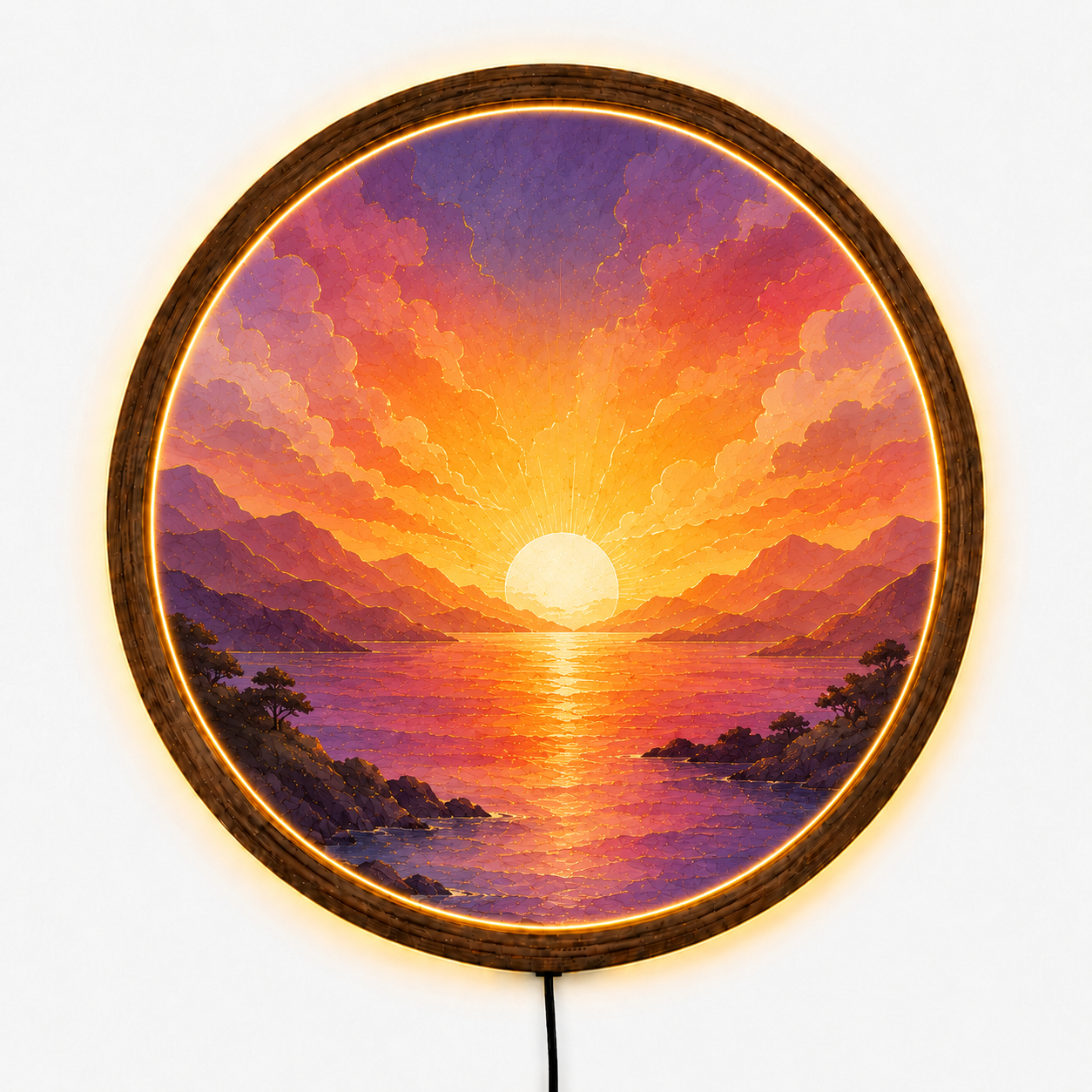 Sunrise LED Wall Decor, Mountain Landscape Acrylic Night Light, Round Wall Art