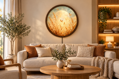 Golden Butterfly Moon LED Wall Art, Round Illuminated Floral Meadow Decor, Boho Nature Wall Light, Rustic Bedroom Living Room Gift