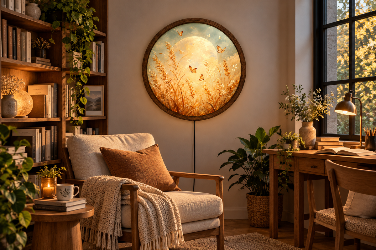 Golden Butterfly Moon LED Wall Art, Round Illuminated Floral Meadow Decor, Boho Nature Wall Light, Rustic Bedroom Living Room Gift